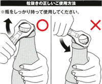 「栓抜きの正しいご使用方法」※瓶をしっかり持って使用してください。